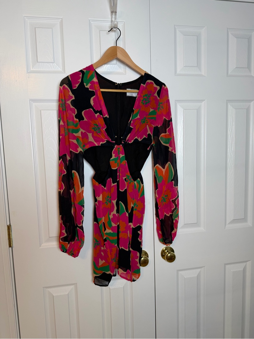 Runaway The Label - Long Sleeve Mini Dress in Black with Pink & Green